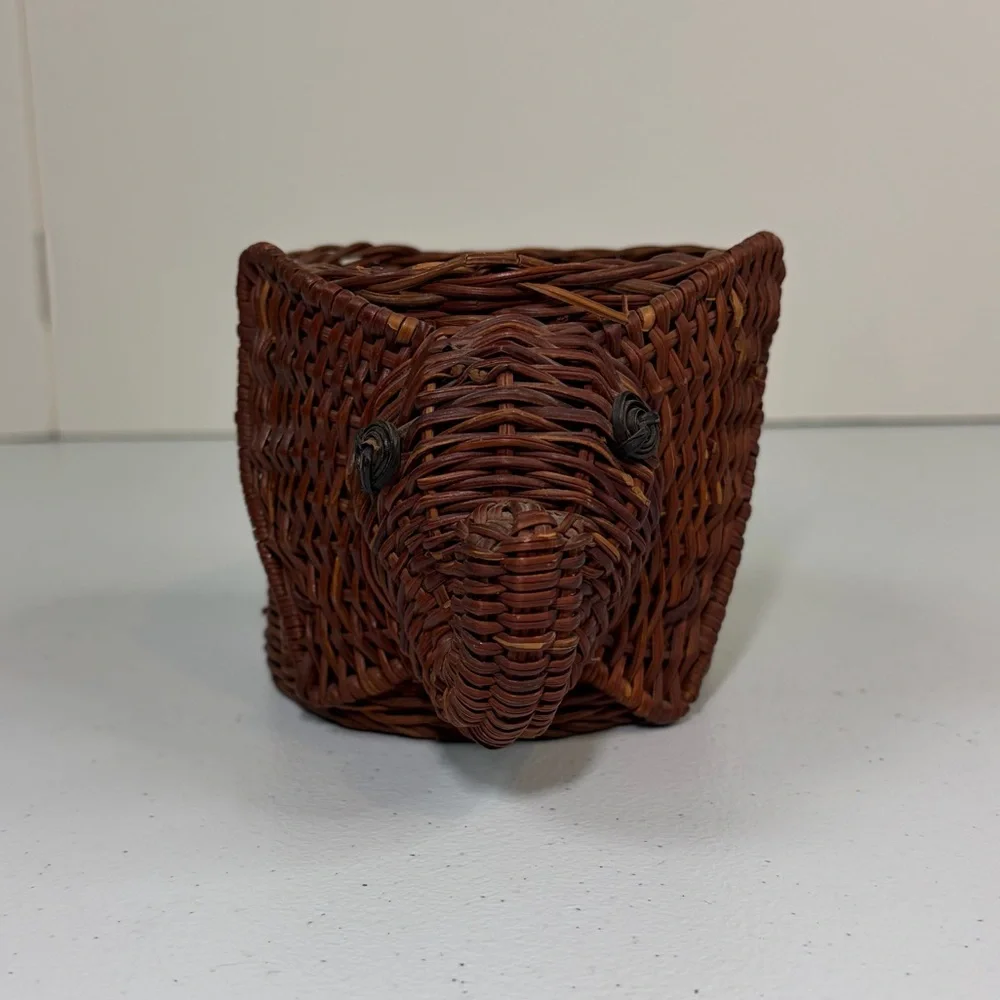 Vintage Woven Wicker Elephant Basket planter Trinket Eyes 70s 80s Owls Boho - Picture 3 of 8